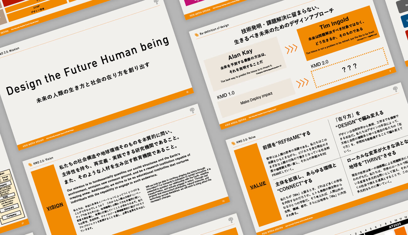 KMDの研究科リニューアル方針策定書のスライド群。中央に「Design the Future Human being 未来の人類の生き方と社会の在り方を創り出す」と書かれたMissionスライドを中心に、VisionやValueの説明、Tim IngoldやAlan Kayの引用、KMD1.0からKMD2.0への移行を示す図などが並ぶ。新たなブランドコンセプトを可視化した資料。