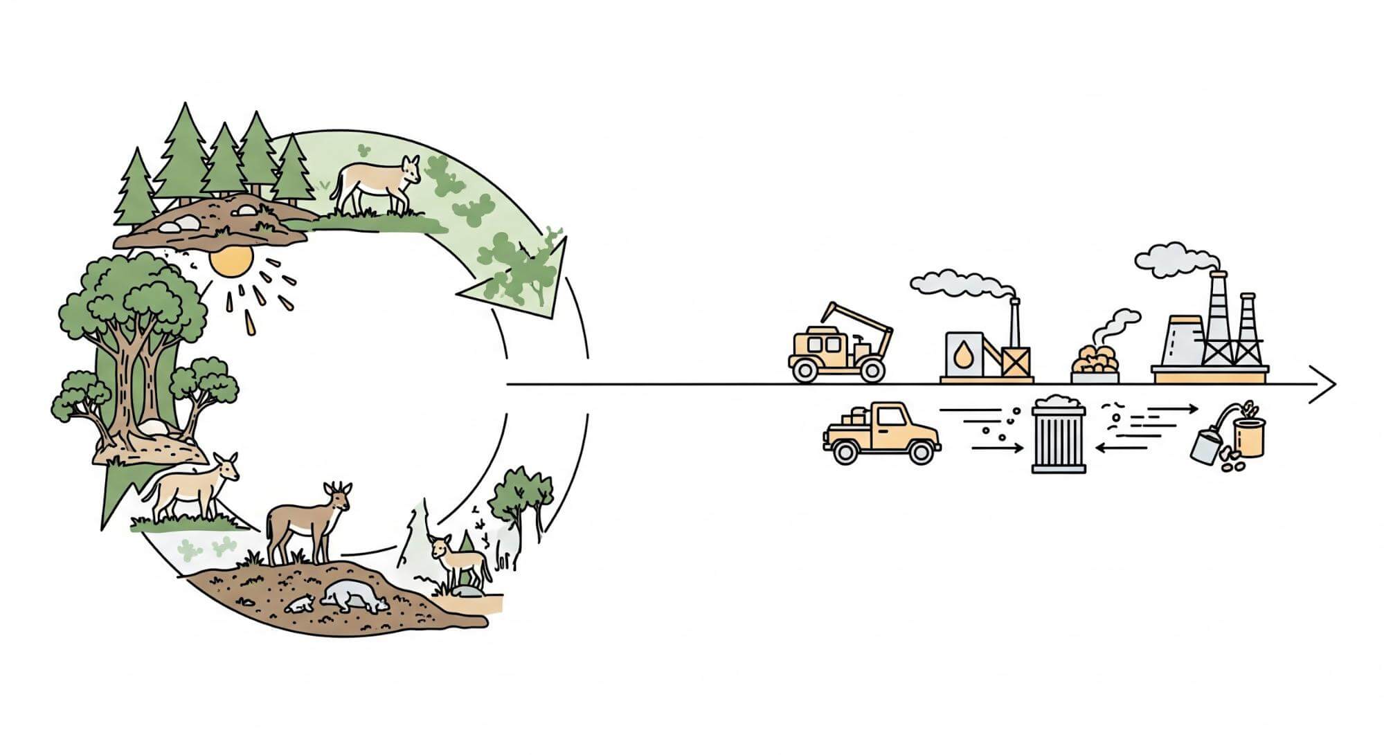 イラスト：自然の循環と、直線的な人間社会のエネルギーシステムを表現