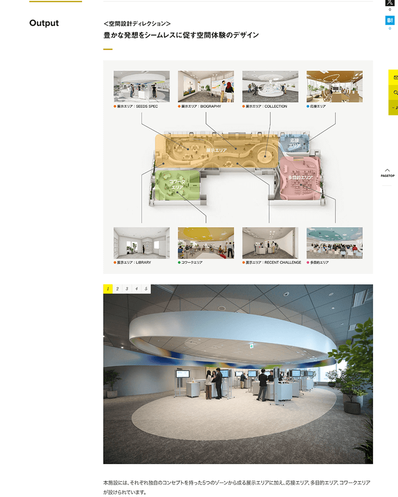 とある施設開業プロジェクト事例記事のキャプチャ。上部には展示・応援・多目的・コワークなど各エリアの名称と位置関係を色分けしたゾーニング図が配置され、下部には円形天井の下で来場者がパネルやモニターを閲覧する展示エリアの写真スライドが挿入されており、本文では補いきれない空間構成と利用シーンを具体的に伝えている。