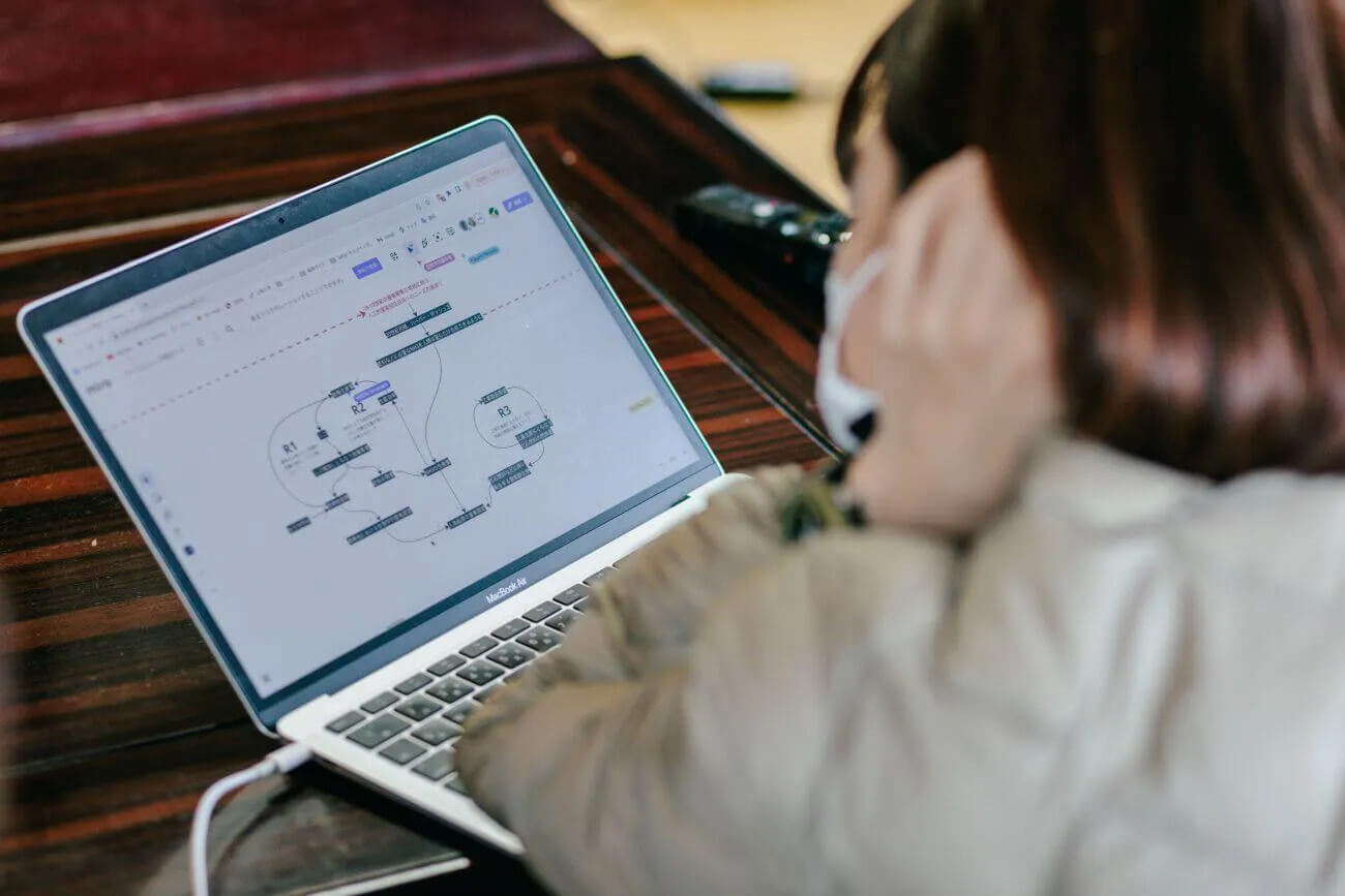 システム思考ワークショップの様子。参加者がノートPCでループ図を作成し、要素の関係性を可視化している