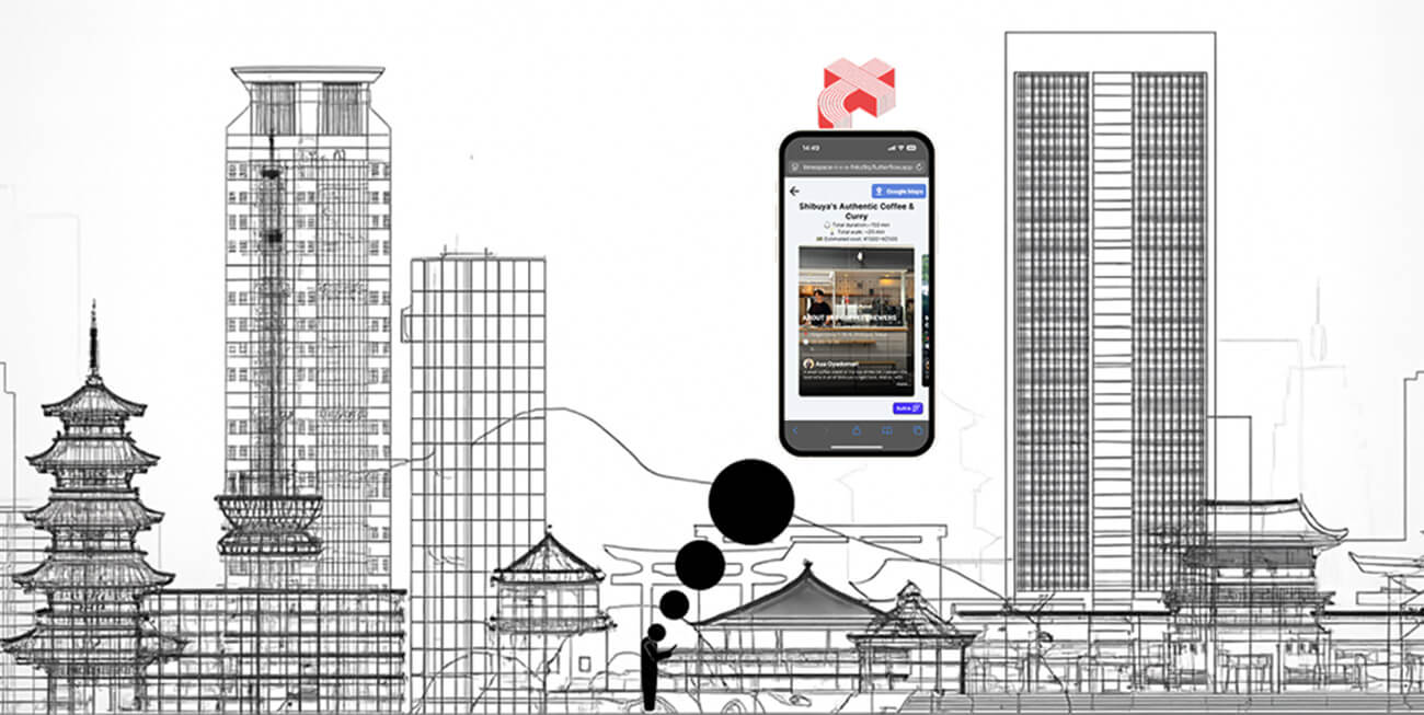 timespaceのイメージ画像。線画で表現された都市の中で、ユーザーの思案する次の目的地を、timespaceが表示している様子を表している。