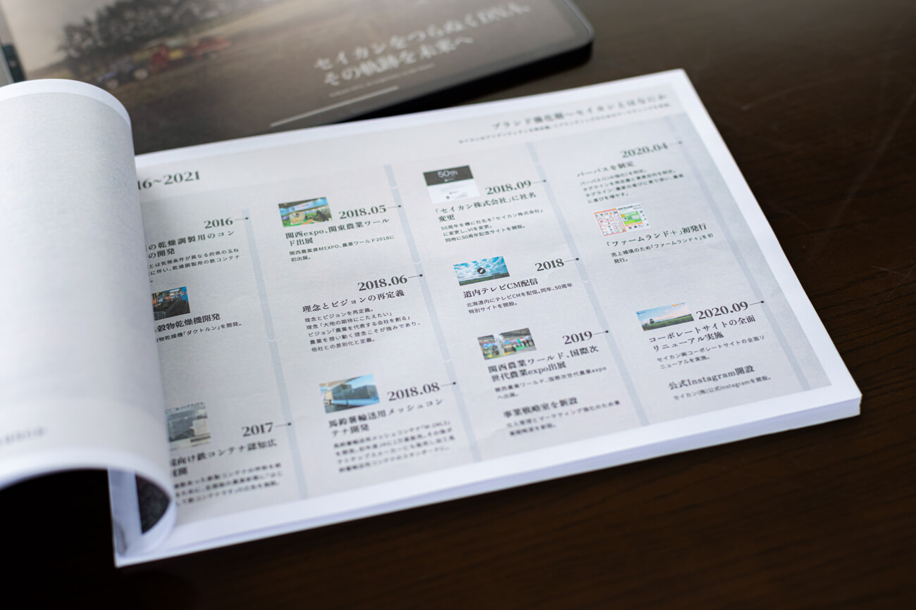 机の上にあるタブロイド版の中身を、ページをめくって見せている様子