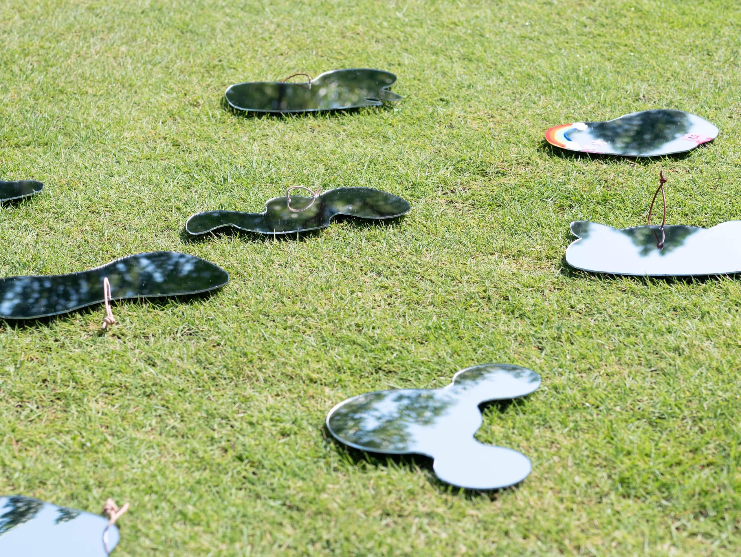 写真：芝生の上に、鏡で作った水たまりが並ぶ