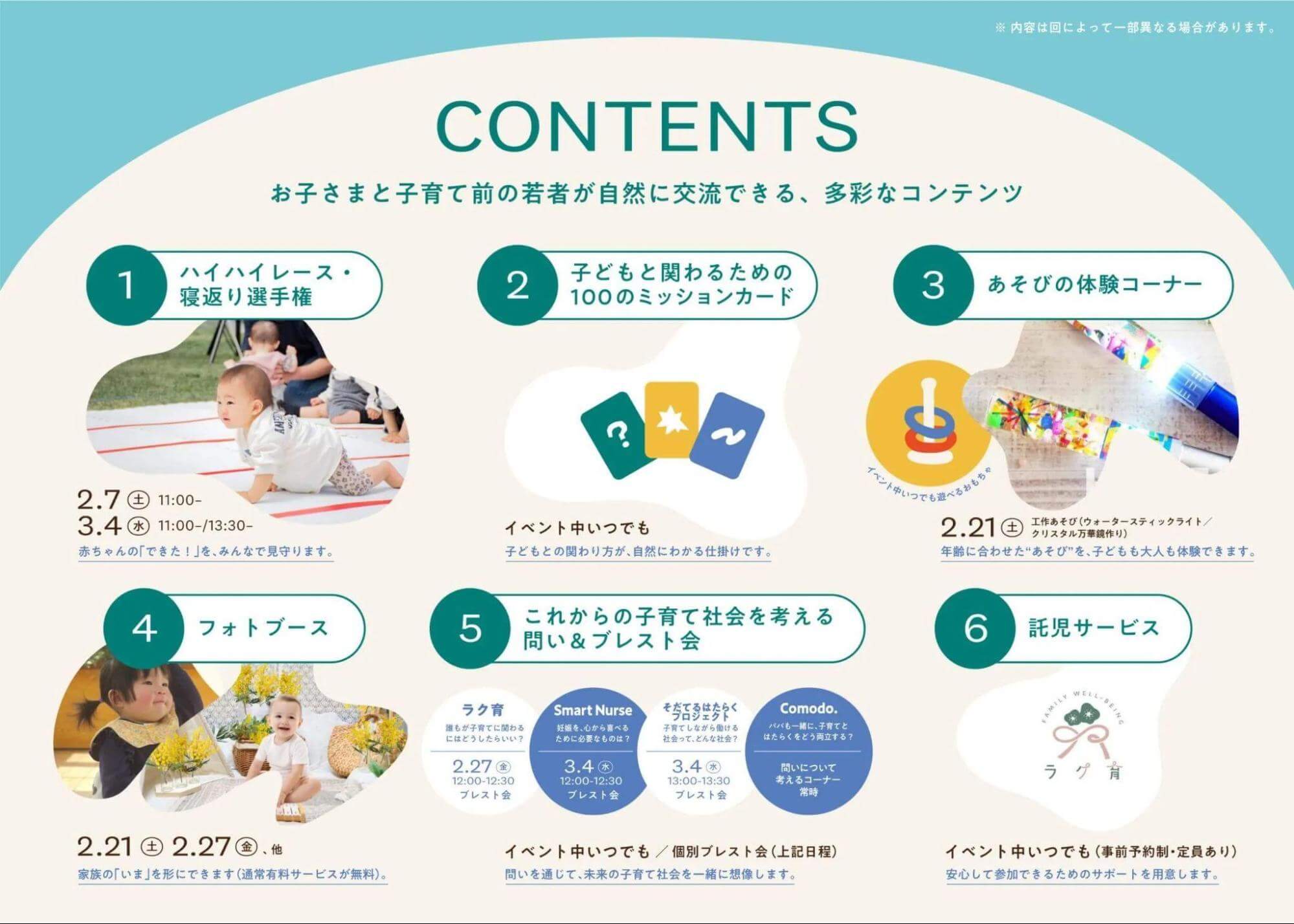 子どもたちが交流するために用意されたコンテンツの一覧。寝返り選手権や、ミッションカードなどが写真付きで紹介されている