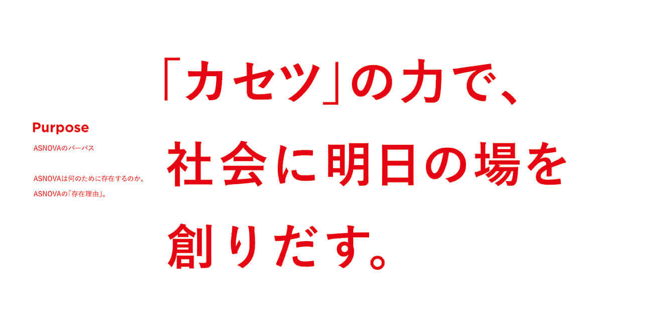 画像：ASNOVAのパーパス「カセツ」の力で、社会に明日の場を創りだすが書かれたスライド