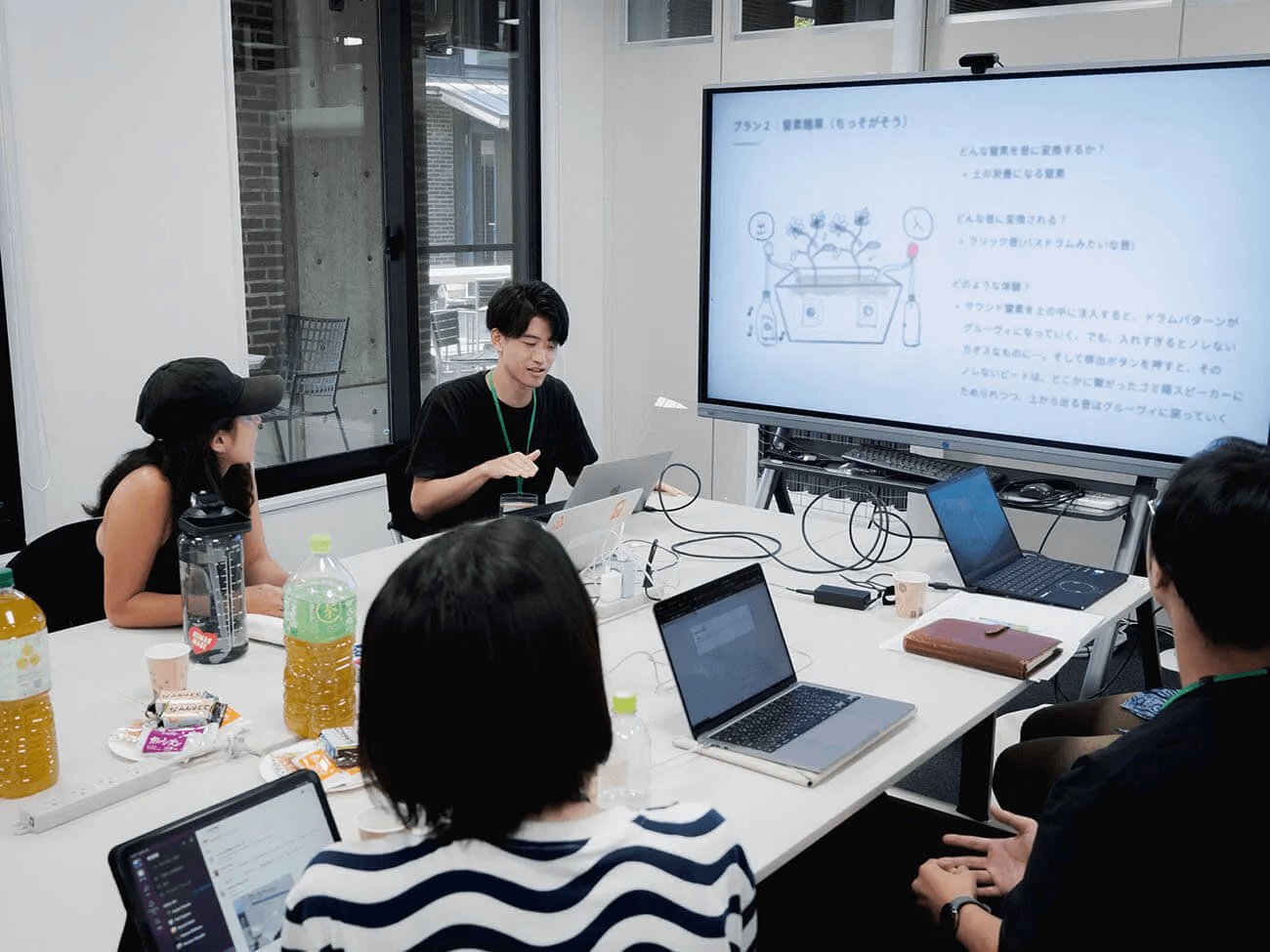 写真：地球研の会議室で、クリエイターの佐野さんと、プロジェクトメンバー3名がモニターやパソコンを使いながら議論をしている