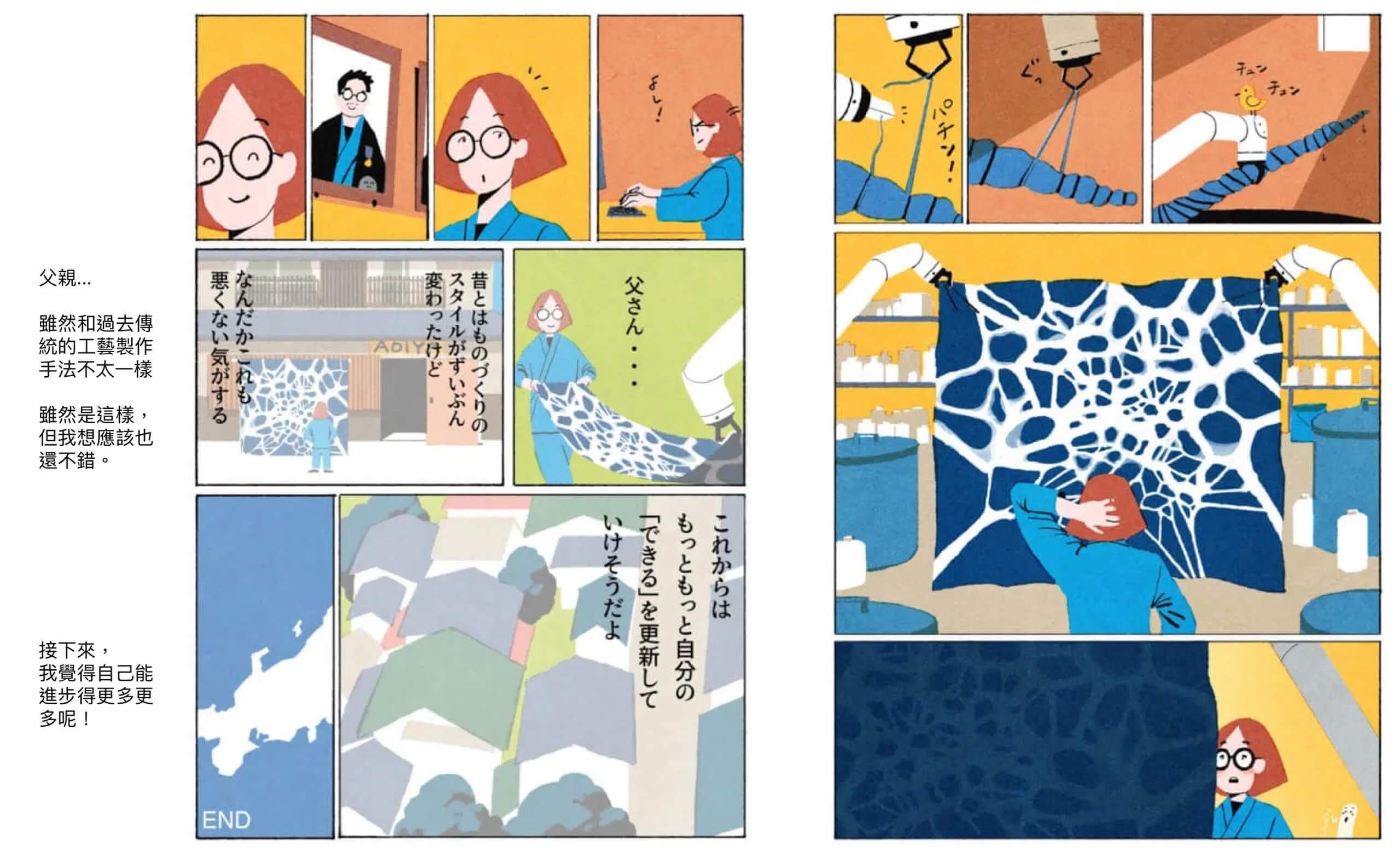 Kent IIDA 作『Creative Share Platform』のラストページ。赤髪の女性職人が PC で設計した図案を基に、ロボットアームが布に糸を巻き付け、パチンと糸を切って染色を終える工程がコマで展開。中央では真紺の大布に白い蜘蛛の巣状パターンが浮かび上がり、女性が後頭部に手を当てて完成品を見上げている。