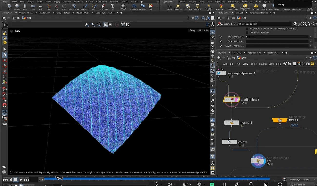 嵐絞り布の 3D スキャンデータをツール上で表示した画面。ブラック背景に斜めストライプ模様の青いメッシュが浮かび、右側パネルにノードツリーと属性設定が並ぶ。