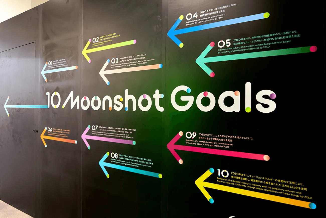 展示会場入り口の写真。黒い壁面の中央に「Moonshot park 」の文字が配置され、10本のカラフルな矢印に、各目標の概要を説明するテキストが記載されている。