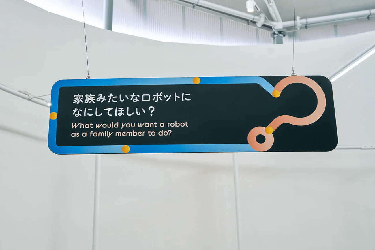 空中に掲げられた青縁のパネルに「家族みたいなロボットに何をしてほしい？」と問いが示され、来場者の想像を促す展示サイン。